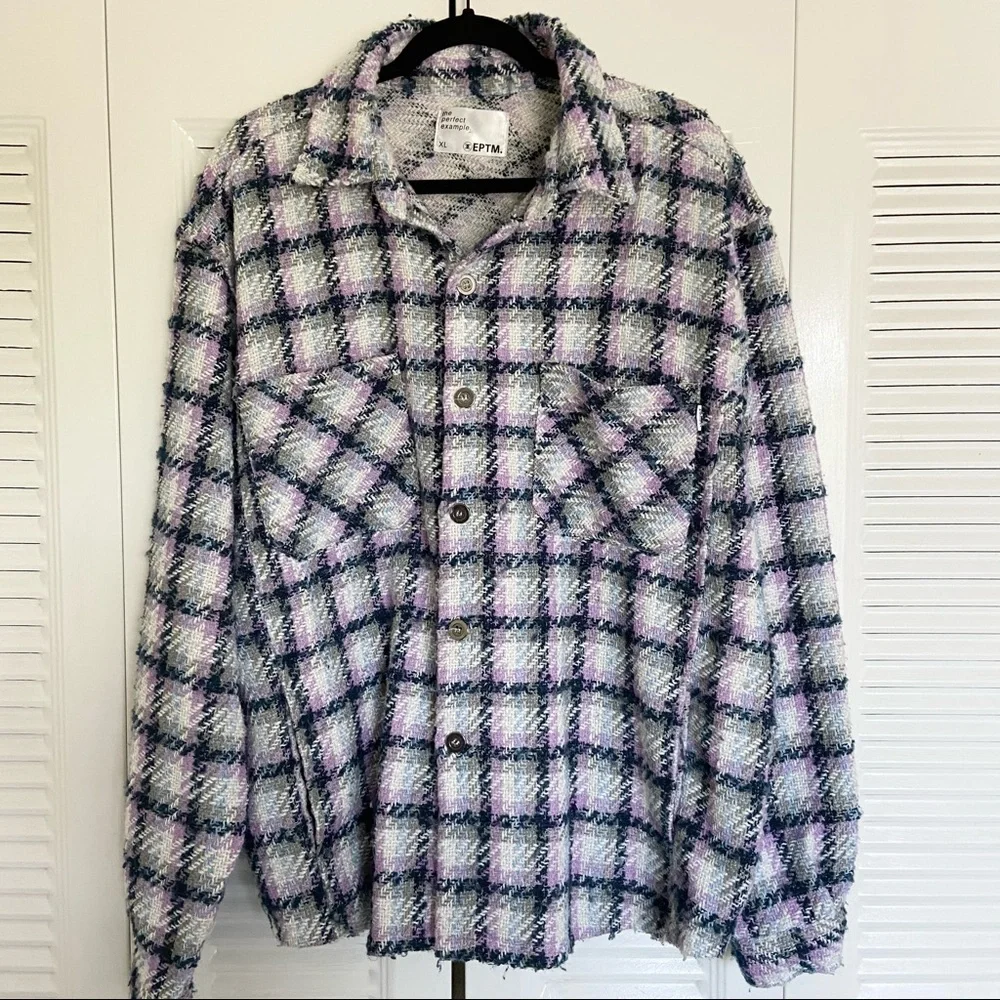 Knit Oversized Shacket EPTM Women’s XL Purple White Navy Blue Plaid
